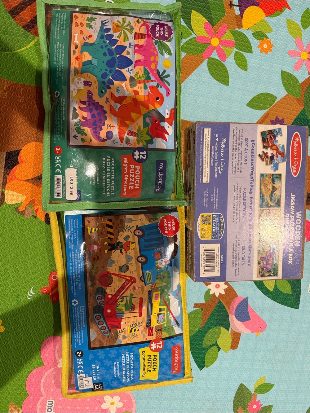 Melissa & Doug Bright Multicolor Dinosaur & Construction 12-Pack Pouch Puzzles